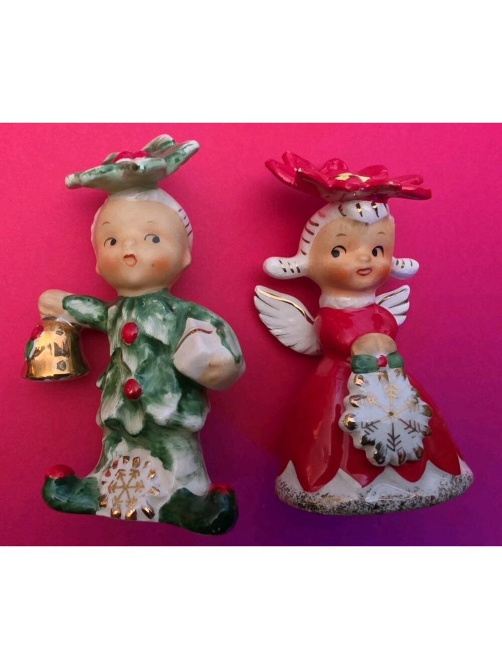 Vintage Christmas Poinsettia Girl Holly Boy Napco Salt and Pepper Shakers 1956